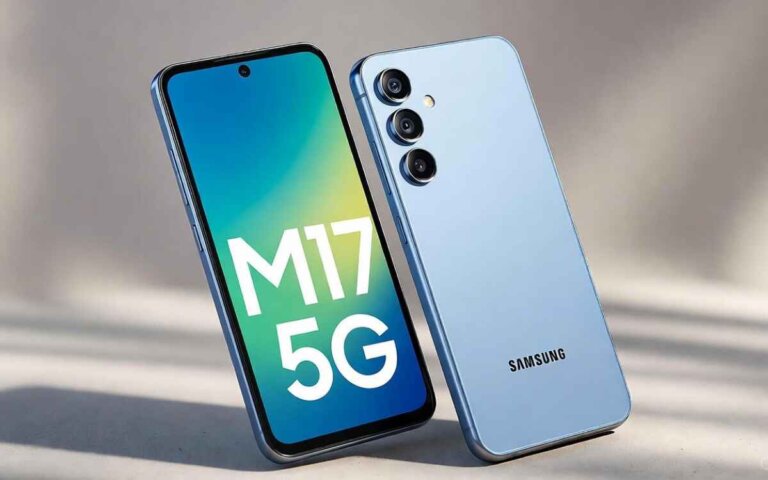 Samsung Galaxy M17 5G showing front display and back camera with OIS