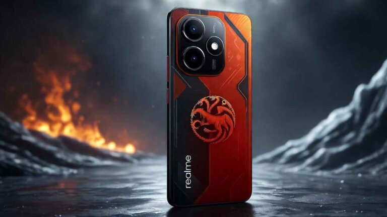 Realme 15 Pro 5G Game of Thrones Limited Edition showing its Dragonfire Black to Red color-changing back panel with Targaryen sigil and cinematic fire and ice background.