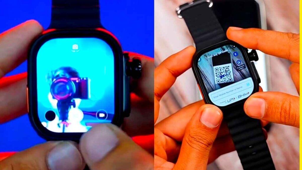 S21 Ultra Android Smartwatch with 12MP rotating camera flipped forward for selfies and video calls