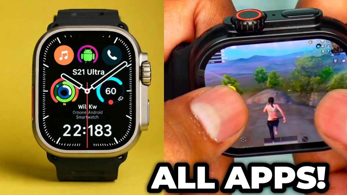 S21 Ultra Android Smartwatch front view with full Android screen, metallic frame, and rotating camera