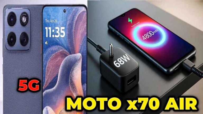 Motorola Moto X70 Air smartphone standing upright on a reflective surface, showcasing its ultra-slim 6mm profile, Air Blue back, and vibrant AMOLED display, photographed in professional studio lighting for a premium tech look.