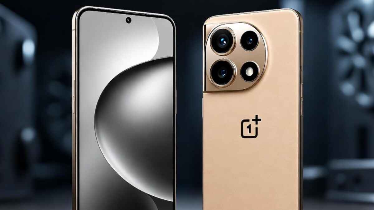 OnePlus 15 smartphone in Sandstone color showing front and back view with flat sides and squircle camera module