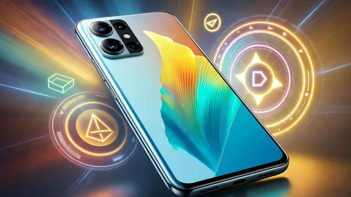 Oppo Find X9 Pro floating with glowing holographic effects and vibrant AMOLED display in a futuristic studio setting