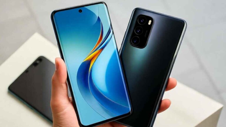Honor Magic 8 Pro smartphone front and back showing 6.71-inch OLED display with curved edges and flat screen variant in background, held in hand, realistic lighting, premium design