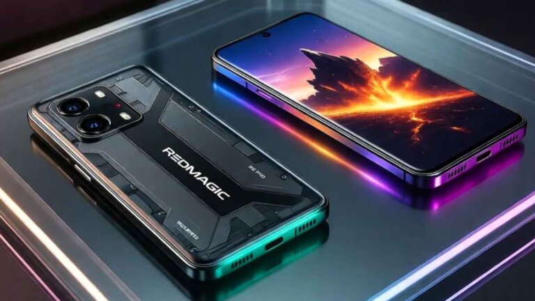RedMagic 11 Pro and 11 Pro Plus gaming smartphones with 6.85-inch 144Hz OLED display and RGB lighting on gaming desk