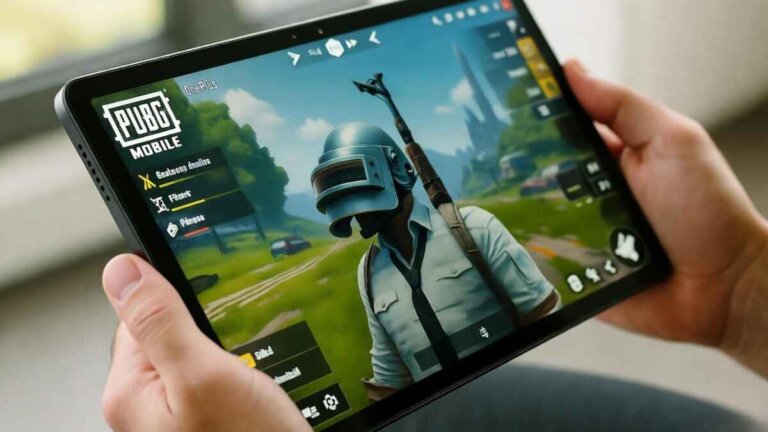 OnePlus Pad Lite running PUBG Mobile with smooth graphics, showing gaming performance and immersive gameplay