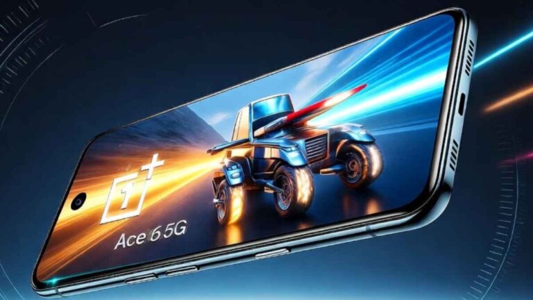 OnePlus Ace 6 5G smartphone floating above a reflective surface, angled to show front display and side metal frame with OnePlus logo visible.