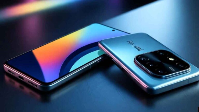 Redmi K90 Pro 5G and K90 Pro Max smartphones showing display and camera module on a dark reflective surface, captured in a professional studio setup.