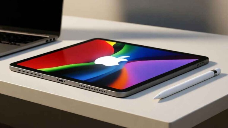 Apple iPad Pro M5 (2025) with MacBook Pro and Apple Pencil on a minimalist desk.