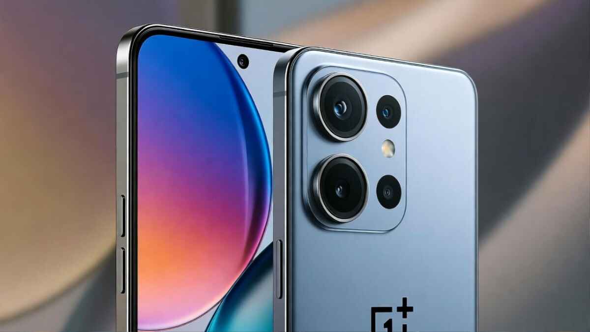 OnePlus 15R 5G angled view showing front display and matte glass back with premium aluminum frame, vibrant colors, studio lighting.