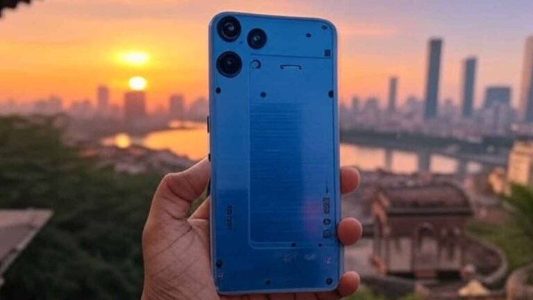 Nothing Phone 3a Lite on modern desk showing transparent back and large AMOLED screen with colorful wallpaper, professional tech product photography, 2025 model.