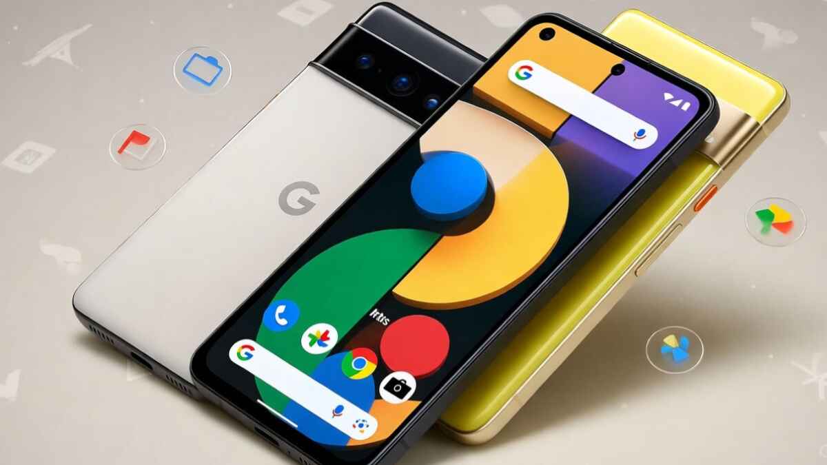 Google Pixel 10a 2025 in white, black, and yellow, showcasing slim design, matte back, and square camera module with vibrant screen and AI camera icons