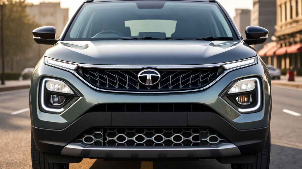 Front view of Tata Sierra 2025 SUV showing bold grille, full-width LED headlights, and sleek modern SUV design in a city background.
