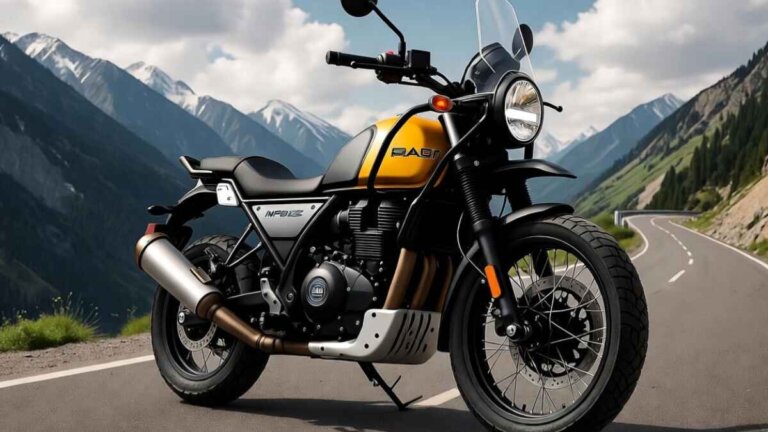 Royal Enfield Himalayan 750 adventure motorcycle on a winding Himalayan mountain road with alloy wheels, parallel-twin engine, and LED headlight.